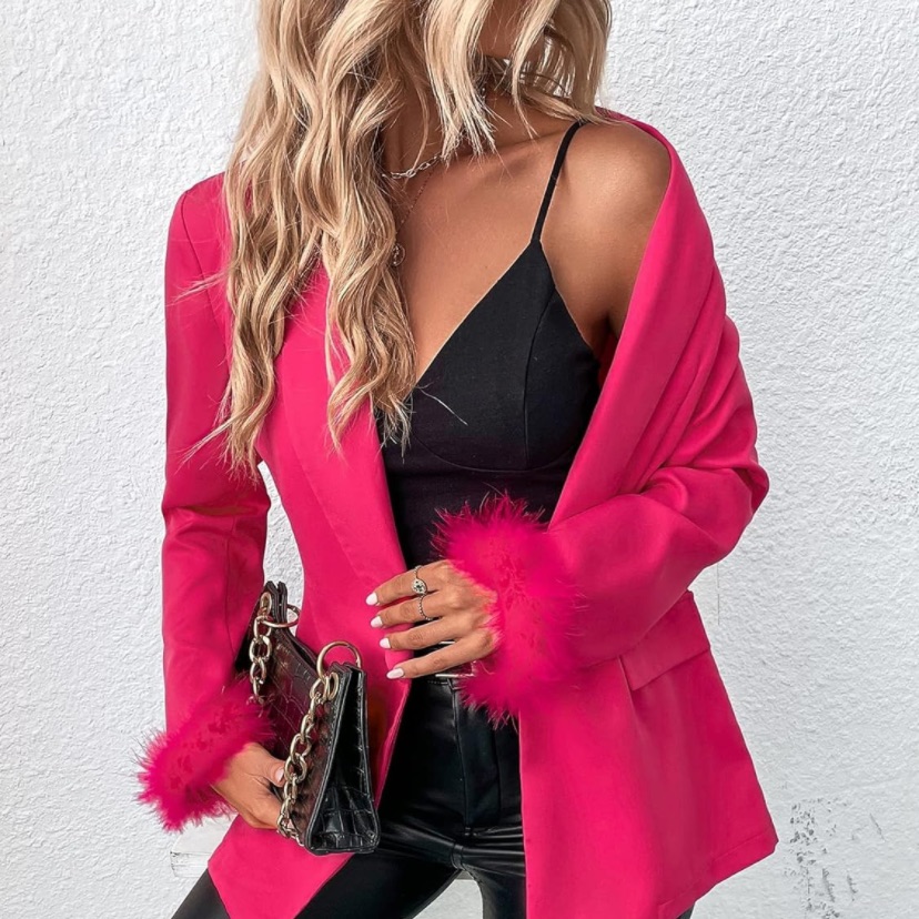 Rose Pink Fur Women Blazer Pink Faux Fur Trim Long Sleeve